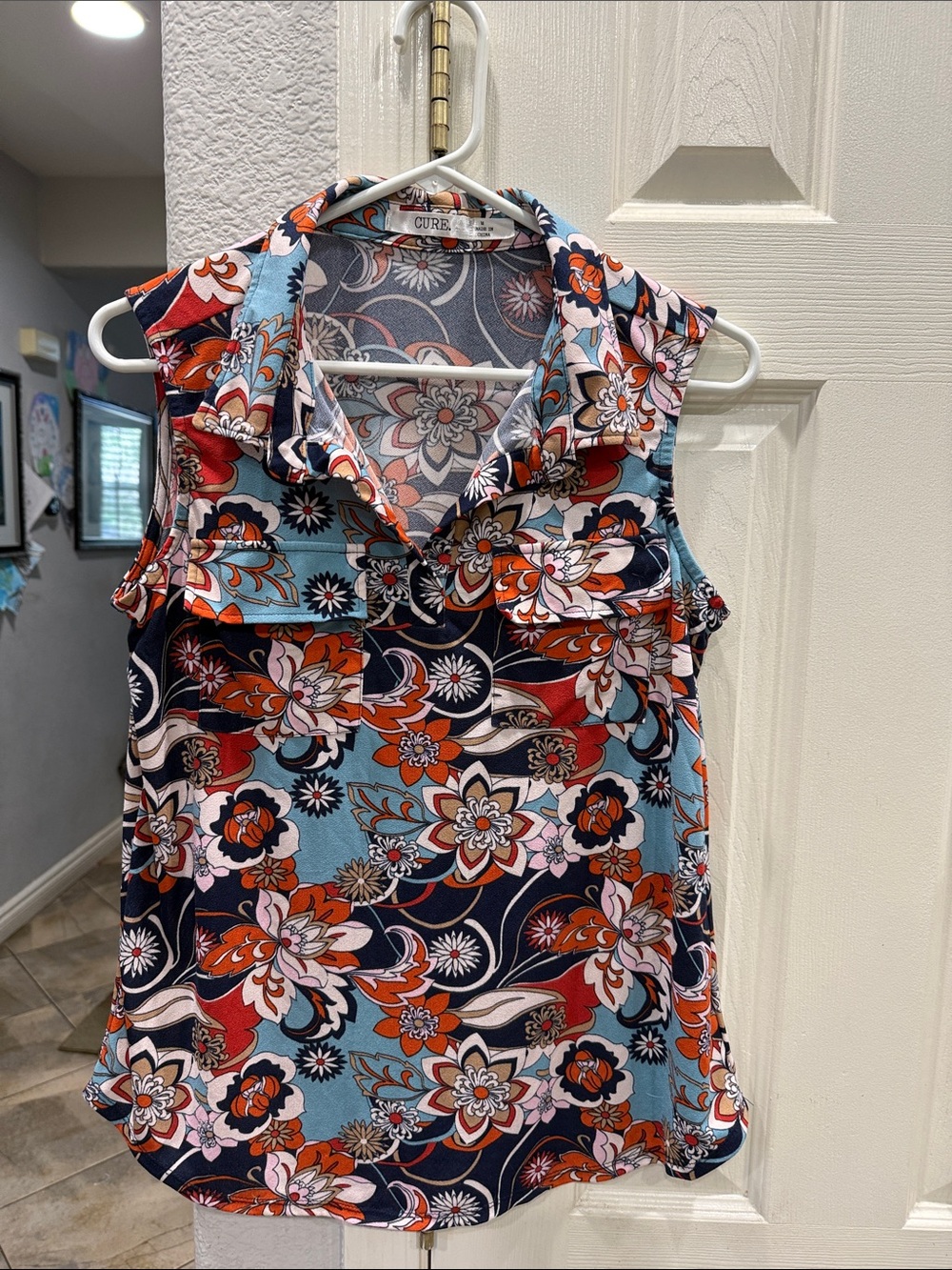 Cove Sleeveless Floral Button-Front Camisole in Navy, Light Blue & Orange